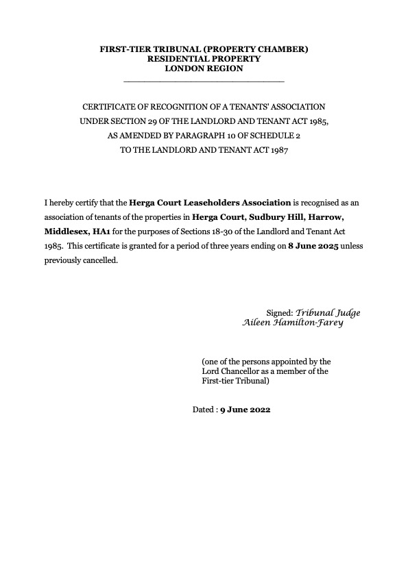 Certificate of Recognition – Herga Court Website